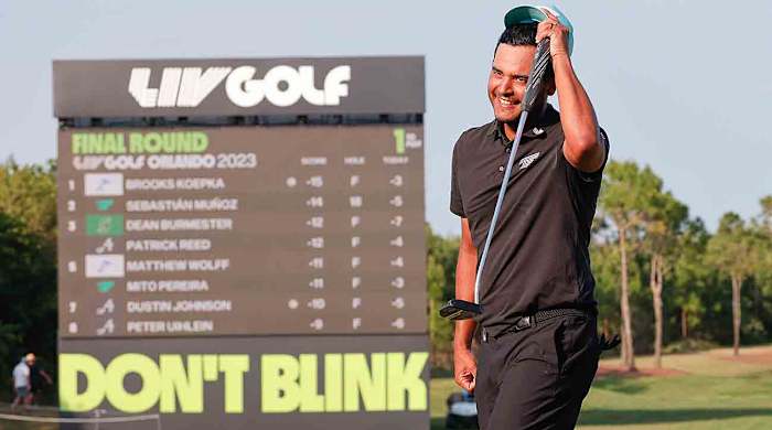 Sebastian Munoz is pictured at the end of the 2023 LIV Golf Orlando event.